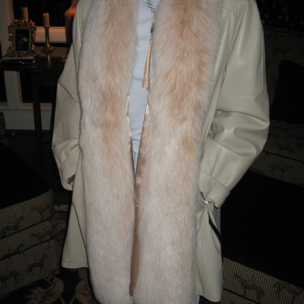 Leather Stroller Coat with Fox Tuxedo Trim
